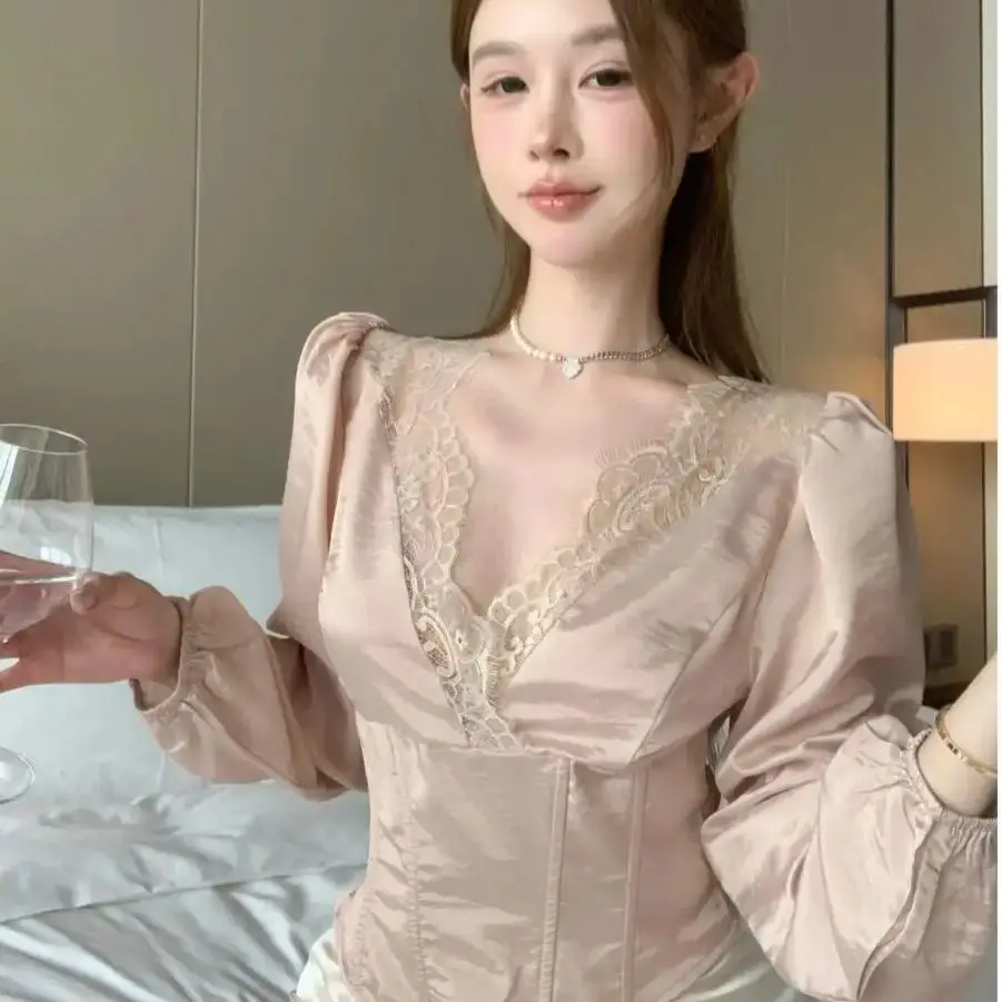 Женские рубашки элегантные кружевные края сексуальные облегающие шикарные