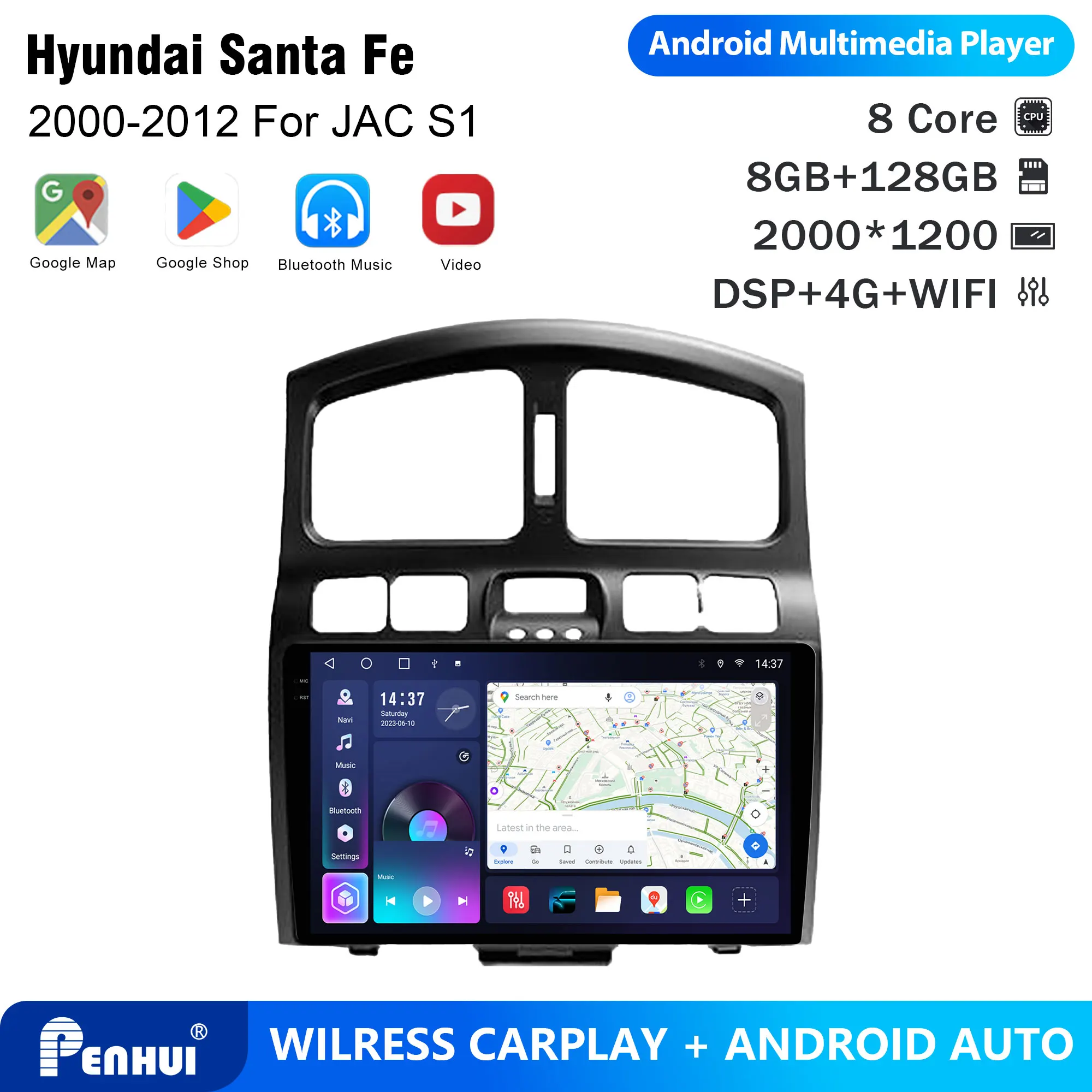Фото Автомагнитола Penhui для Hyundai Santa Fe 2000-2012 и JAC, Android, 2DIN, 9-дюймовый сенсорный экран, DSP, Bluetooth, видеомультимедийная система №1