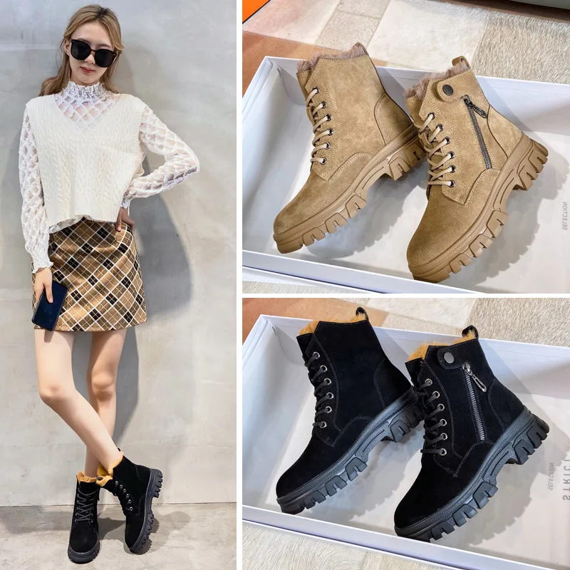2022 Winter Shoes Women Suede Leather Boots Flat Non-slip Snow Boots Genuine Leather Warm Plush Women Ankle Botas Black New