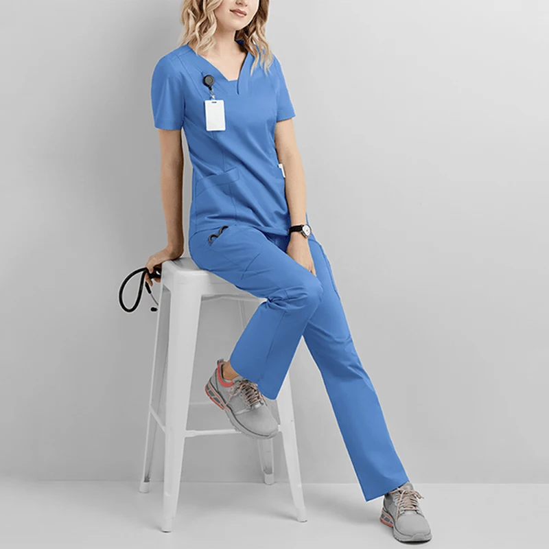 

1 Sets Uniform V Neck Solid Skin Manage Work Clothes Spa Scrub Women Short Sleeve New Nurses Healthcare Tunic Therapist Workwear