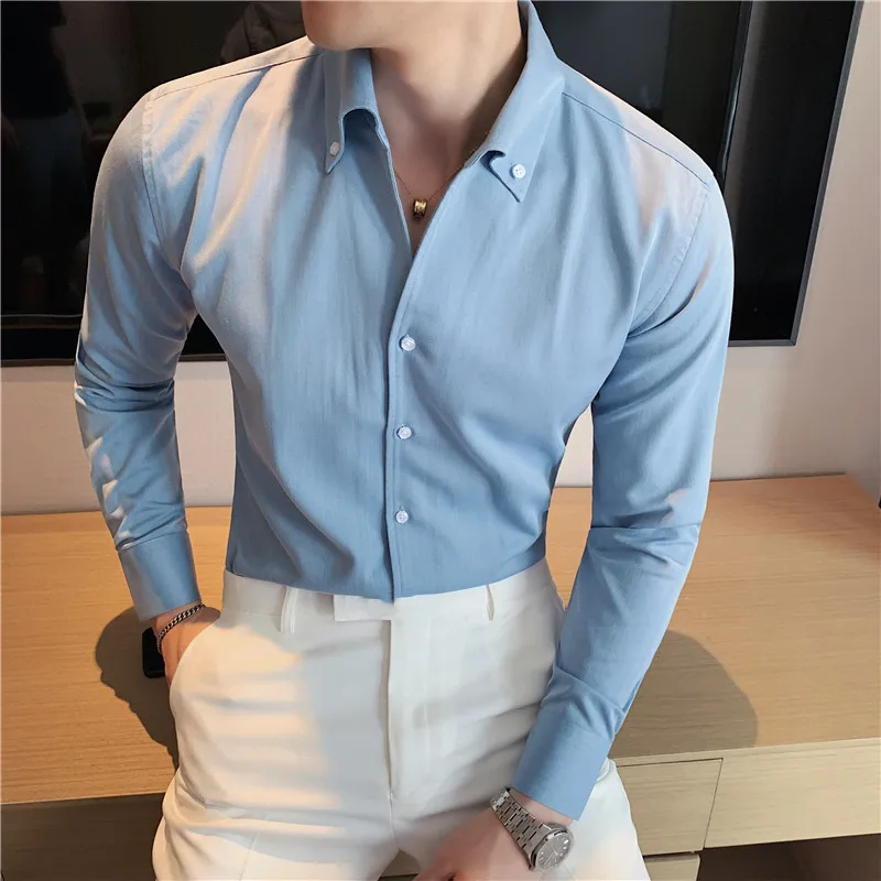 

High Quality Men's Long Sleeve Turndown Collar Shirt Casual Denim Blue Solid Shirt Business Formal Men Shirts