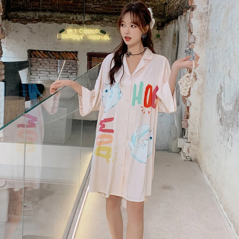 

Женская атласная Женская летняя ночная рубашка с воротником-рубашкой, кардиган, свободная ночная рубашка Miss, домашняя Милая рубашка, нишева...