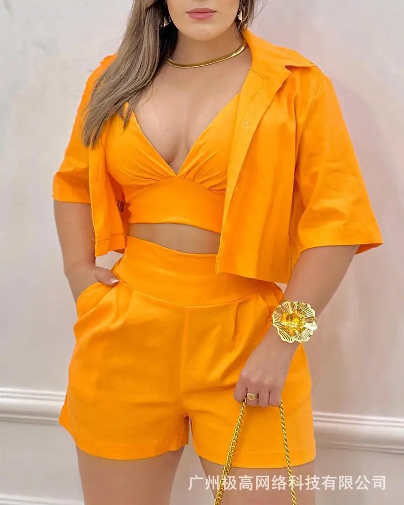 

Женский комплект из 3 предметов, короткий топ и шорты с рубашкой, однотонная одежда для весны и лета