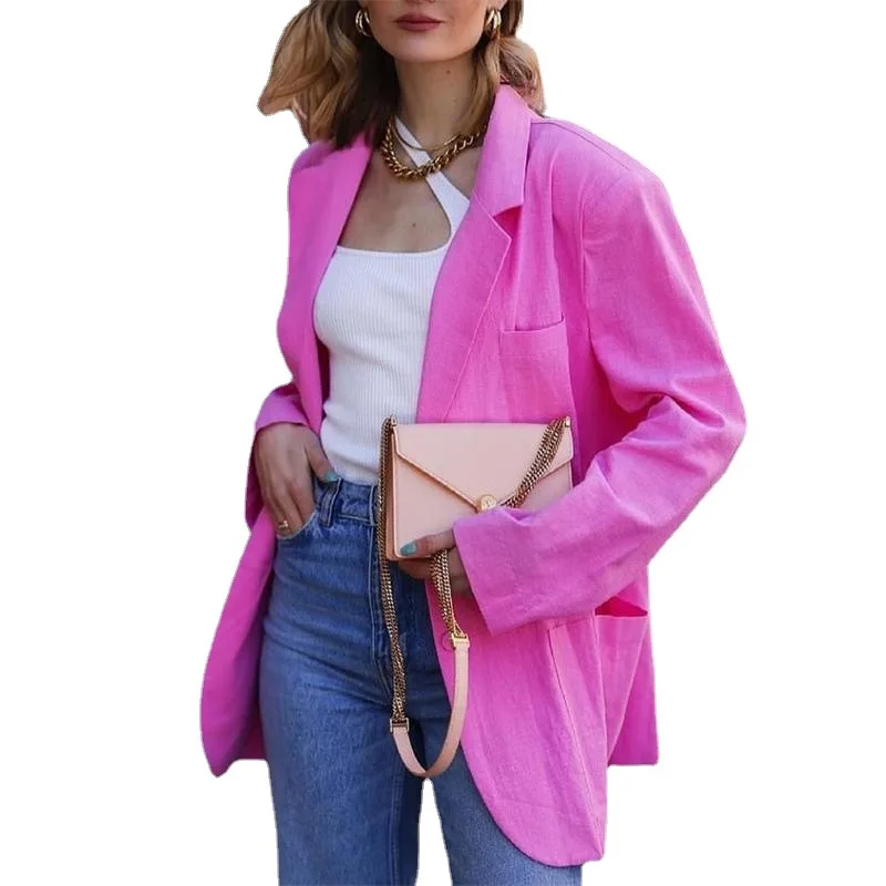 2023 Women's Autumn and Winter New Candy Color Cotton and Linen Shoulder Pads Loose Casual Suit Jacket Women's Suit Jacket