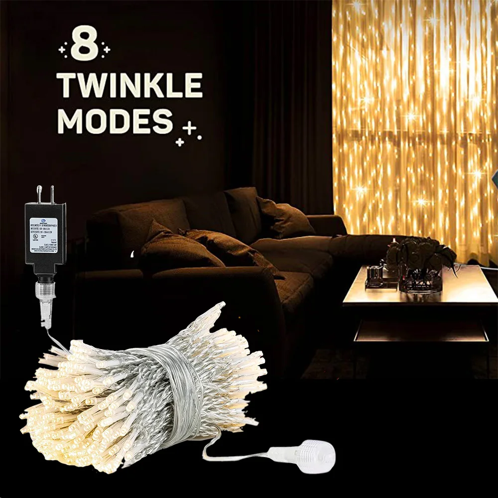 

High Brightness 300 LED Curtain String Light 8 Lighting Modes Fairy Twinkle Lights Wedding Party Home Garden Bedroom Wall Decor