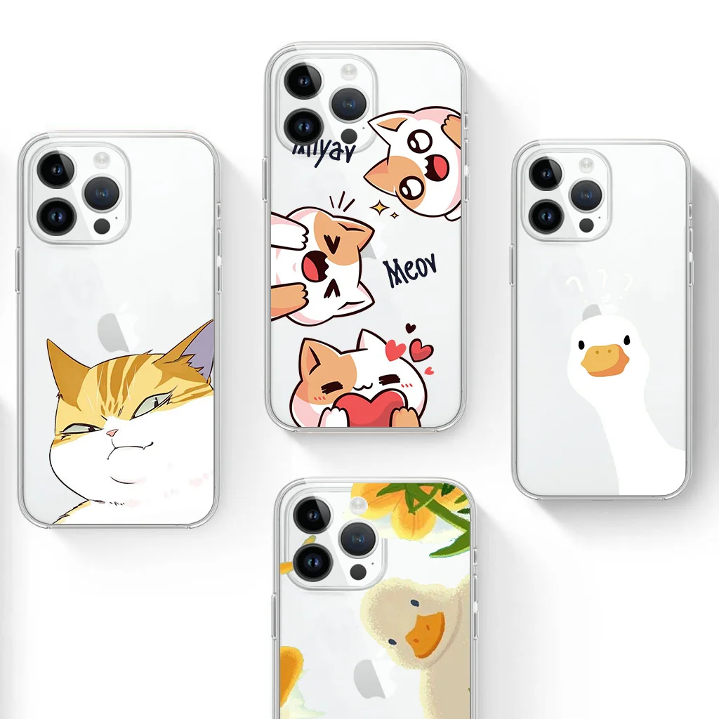Transparen Luxury Phone Case For Apple iPhone 13 14 12 Mini 11 Pro Max X XS XR 7 8 Plus 6 6S SE Cover Cute Cat Duck