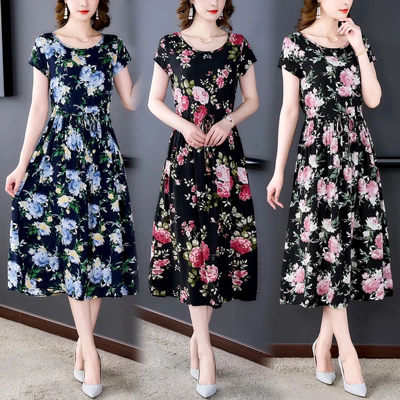 Cotton Silk Dress Women Mid-Length Fashion Outer Wear Plus size Middle-Aged and Elderly Middle-aged Long Skirt Wa...