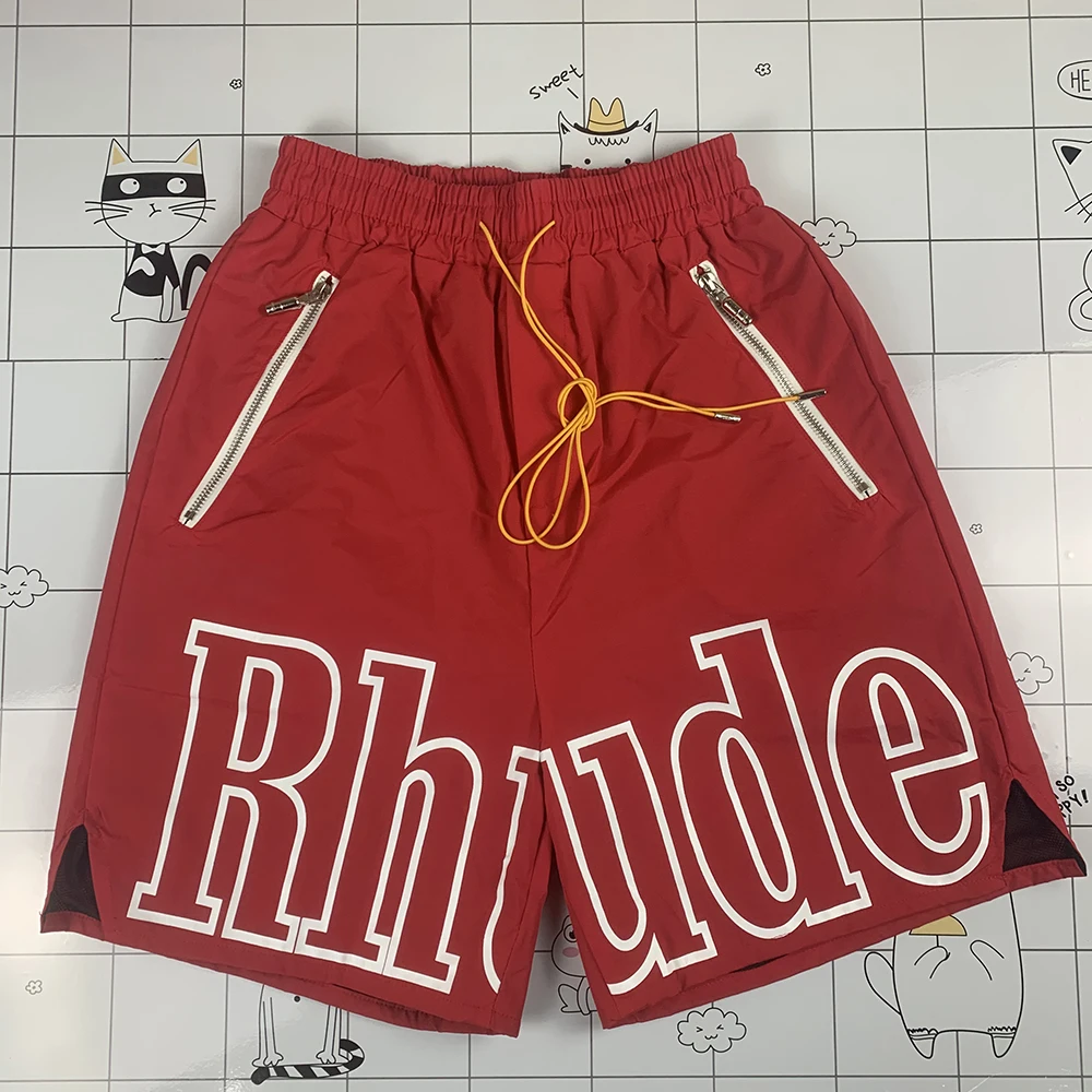 Men's Rhude Breathable Beach Shorts Men's Women's Casual Mesh Runway Breathable Large Rhude Shorts Waist Drawstring Shorts