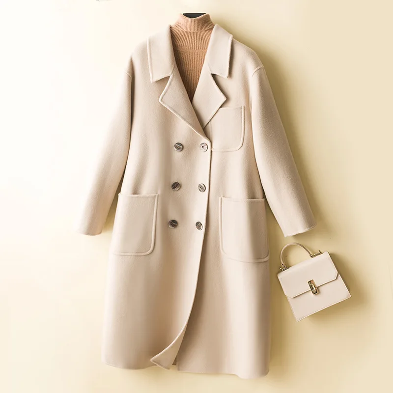 

Женское Двустороннее пальто, Корейская версия, средней длины, новинка 2023, двубортное свободное шерстяное пальто на осень и зиму
