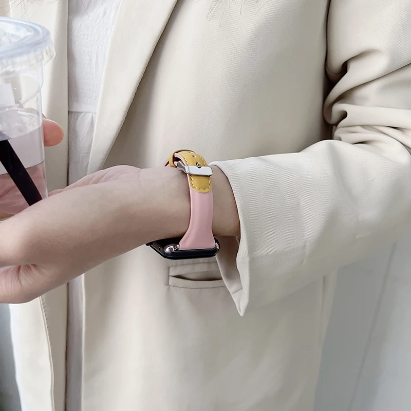 Slim Leather Strap For Apple Watch Band 40mm Series 8 Ultar 7 6 SE 5 4 3 38MM 42MM Bracelet For iwatch 49MM 44MM 41MM 45MM Pink