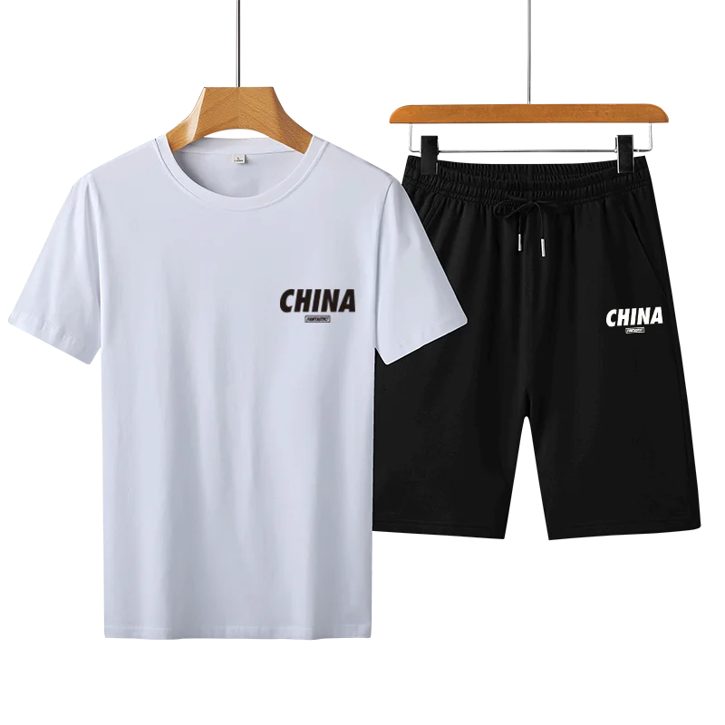 2023 New National Fashion Letter Printed Cotton Short-Sleeved T-shirt Men's Loose Shorts Two-Piece Set Hot Sale Set