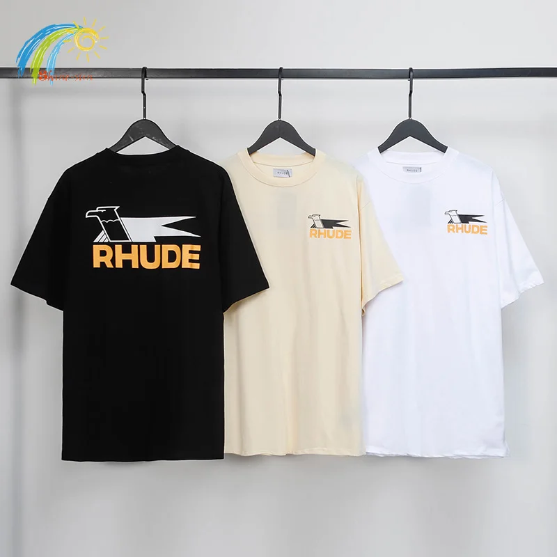 

2023 Summer Spring Fashion Streetwear Swallow Print Rhude T Shirts Men Women 1:1 Cotton Apricot Black White Rhude Tee Top