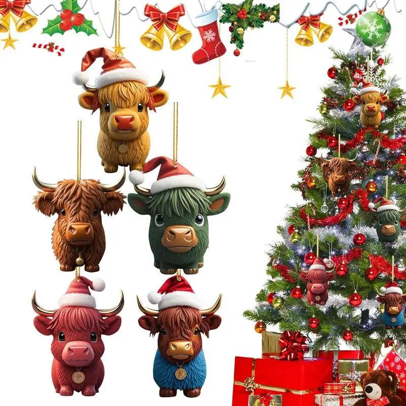 

5 PCS Highland Cow Ornaments Christmas Tree 2D Acrylic Highland Cow Christmas Decor Cow Pendants For Xmas Tree Cars Backpack