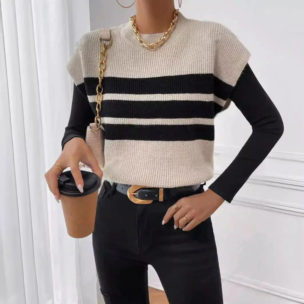 Amazon трансграничный новый вязаный жилет без рукавов с круглым вырезом и цветными