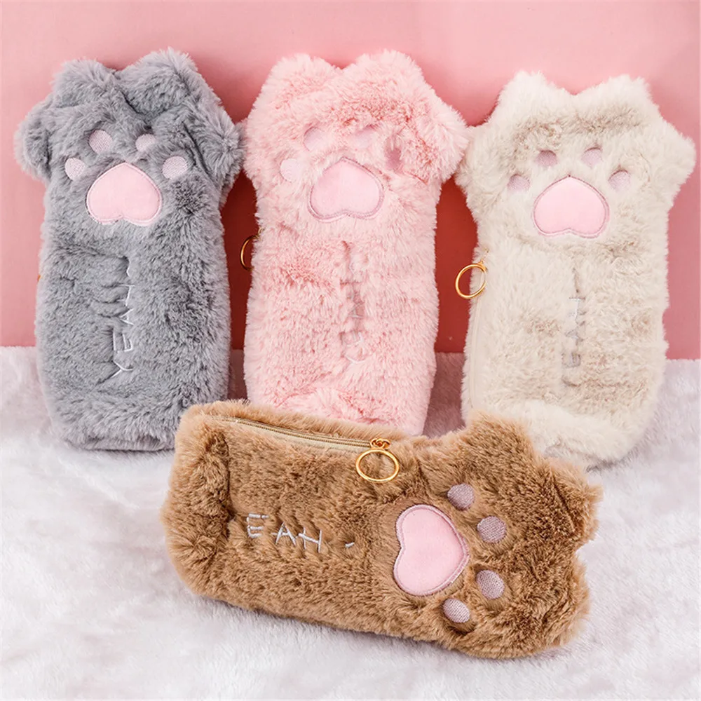 Cute Cat Paw Pencil Bag Kawaii Stationery Holder Bag Large Capacity Pen Case Makeup Pouch Soft Plush Cosmetic Storage Bag