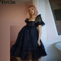 black polka dot tulle prom dress short sleeve puff sleeve square neck empire waist tea length womens formal party dress