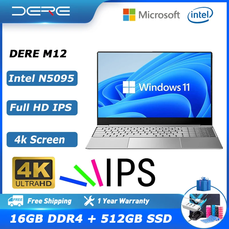 Ноутбук Dere M12, 15,6 дюйма, 16 ГБ ОЗУ, 512 Гб SSD, IPS, 4K, Full HD, Intel Celeron N5095, с клавиатурой с подсветкой, Windows 11 - Апрельский топ товаров с Али