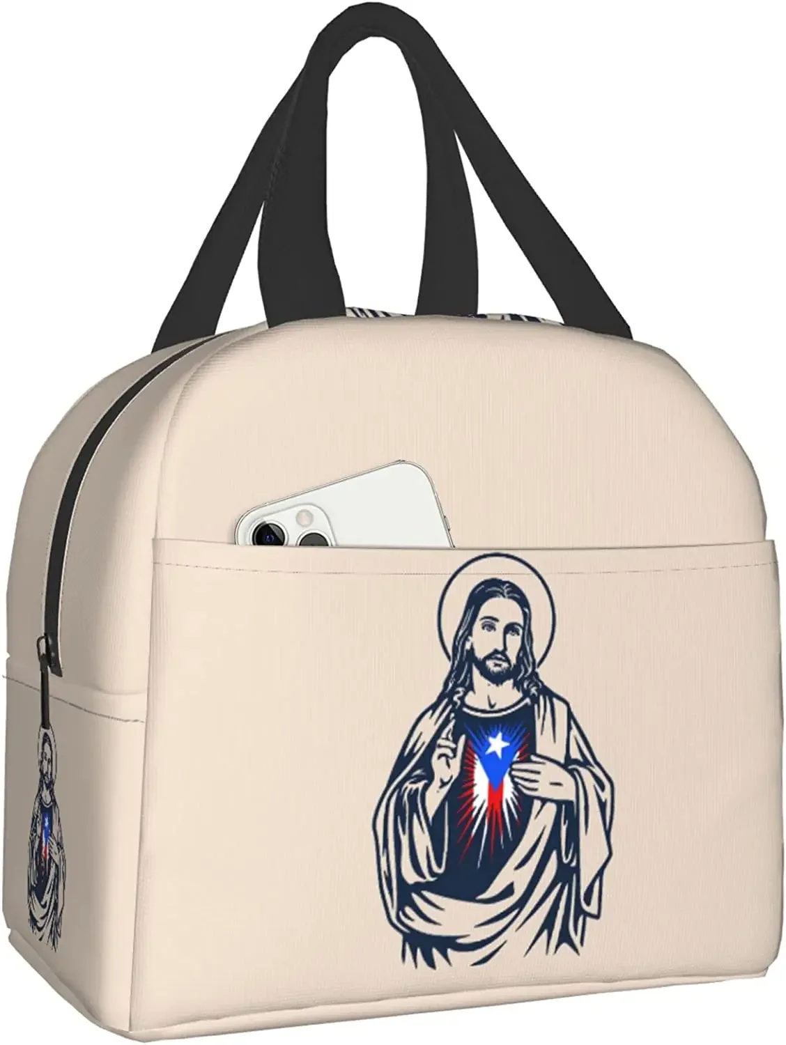 

Изолированная сумка для ланча, многоразовая Термосумка-холодильник в Пуэрто-Рико с Иисусом, сумка-тоут с передним карманом для женщин и мужчин, для путешествий, работы, пешего туризма, пикника