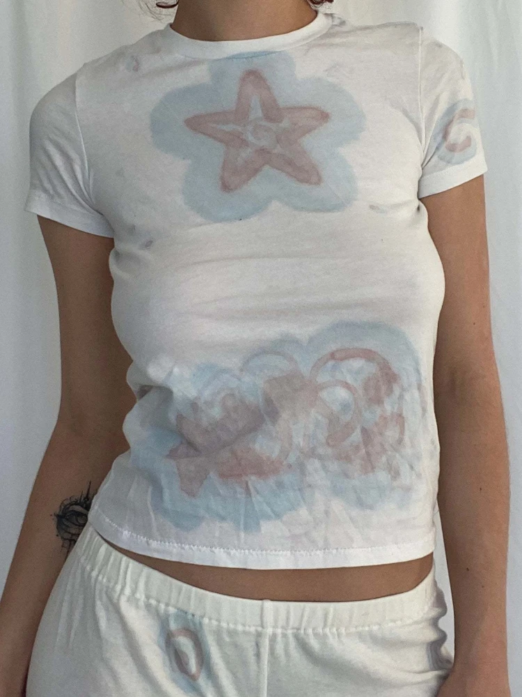 

Y2k Star Printed Crop Top O Neck Short Sleeve T Shirts Korean Harajuku Casual Cute Outfits Aesthetic Graphic T Shirts Grunge
