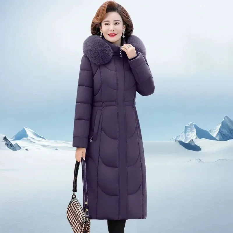 Стеганая очень толстая длинная парка для мам Зимняя с капюшоном меховым