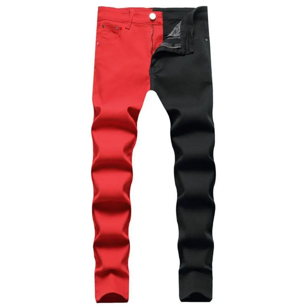 Fashion Retro Men Jeans Pants Denim Trousers Patchwork Color Contrast Slim Fit High Street Straight Trend Stitching Jeans