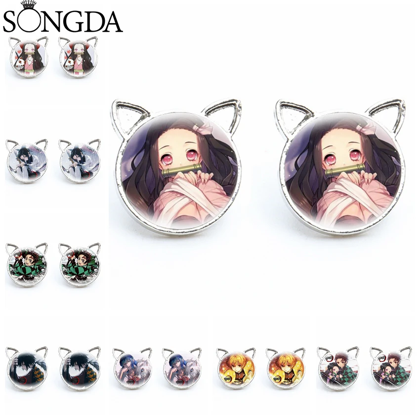 

Anime Demon Slayer Stud Earring Kimetsu No Yaiba Cartoon Character Cute Cat Ear Glass Dome Earrings Jewelry Men Women Fans Gift