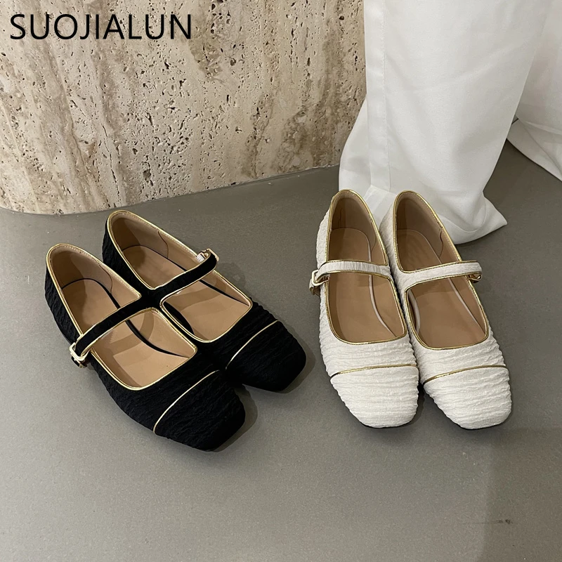 

SUOJIALUN 2023 Spring New Brand Women Mary Jane Shoes Square Low Hee Round Toe Shallow Ballet Mujer Female Ballerina Shoes