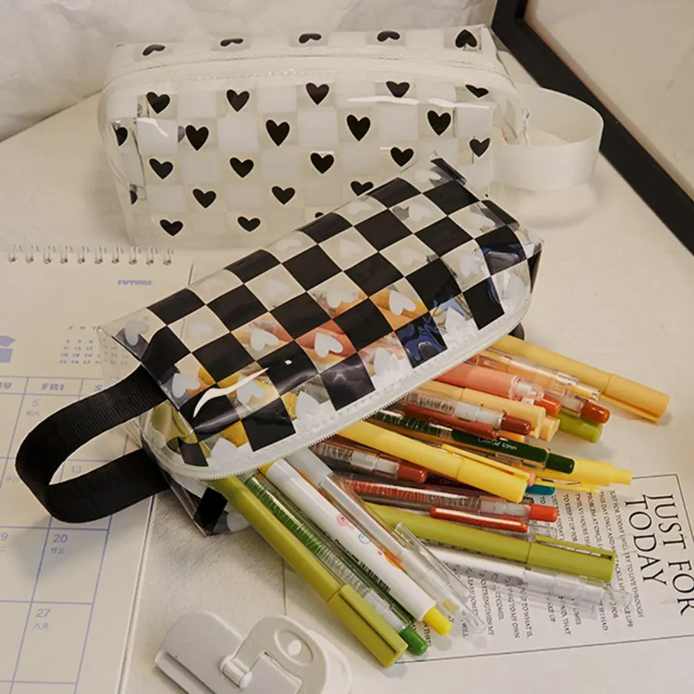 

Square Black White Love Heart Checkerboard Pencil Case Large Capacity Waterproof Storage Bags With Handle