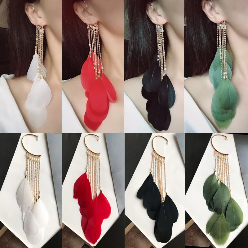 

1Pair Universal Earrings Big White/Black/Red Color Feather Long Tassel Dangling Creative Clip Earrings For Women Party Jewelry