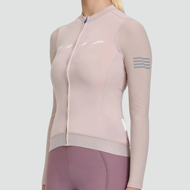 ماب 2022 الرائج في البيع ملابس الربيع النسائية الوردية طويلة الاكمام مزركشة من قماش الجاكارد شبكي ملابس ركوب الدراجة الجبلية قميص مريح