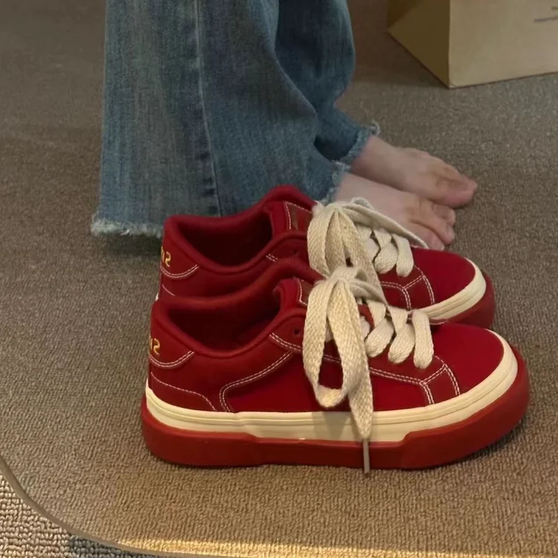 SHANPA Vintage Red Canvas Low-top Women Sneakers Casual Letter Embroidery Skateboard Shoes Students Flat 2023 Fashion Zapatillas