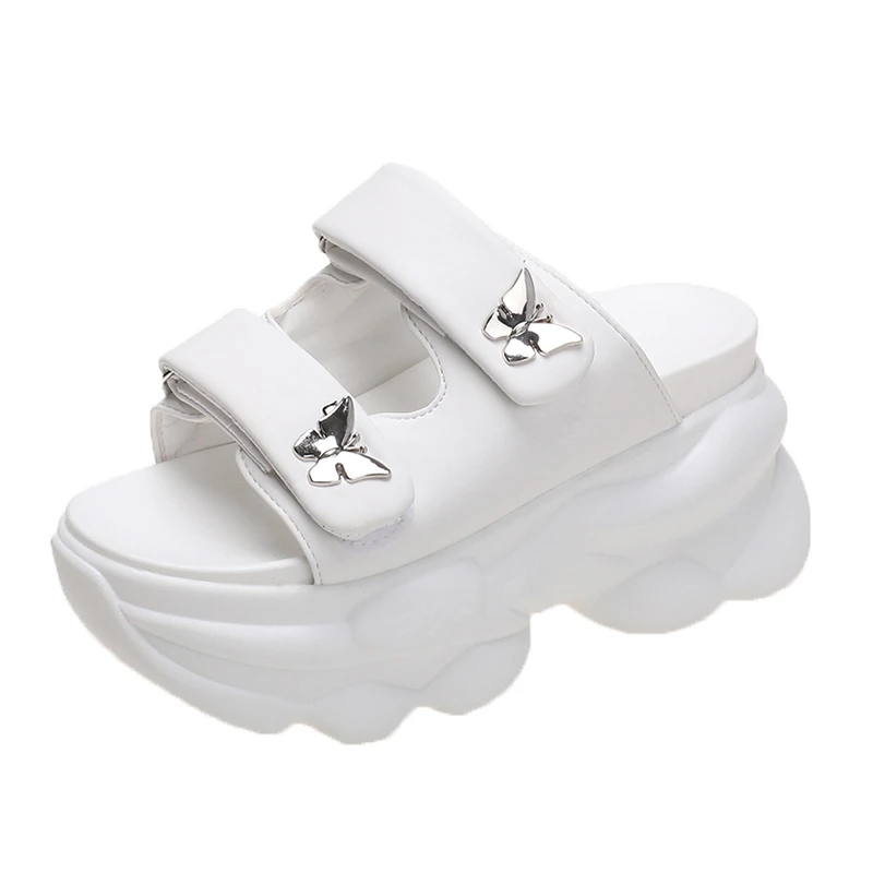 Women Slippers Summer Ladies Beach Flip-Flops Chunky Leather Shoes Wedges Heels Outside Sandals Woman High Platform Slippers 9CM