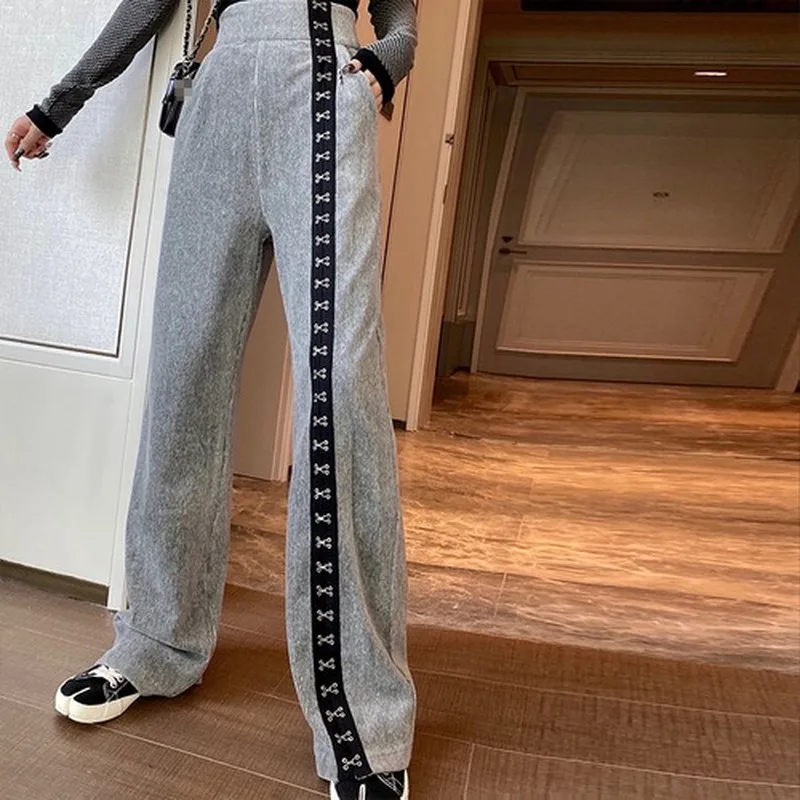 

Thick Loose Straight Broad-legged Pants Women's Autumn and Winter 2022 Gray Striped Sweatpants Casual Sporty Trousers Harajuku