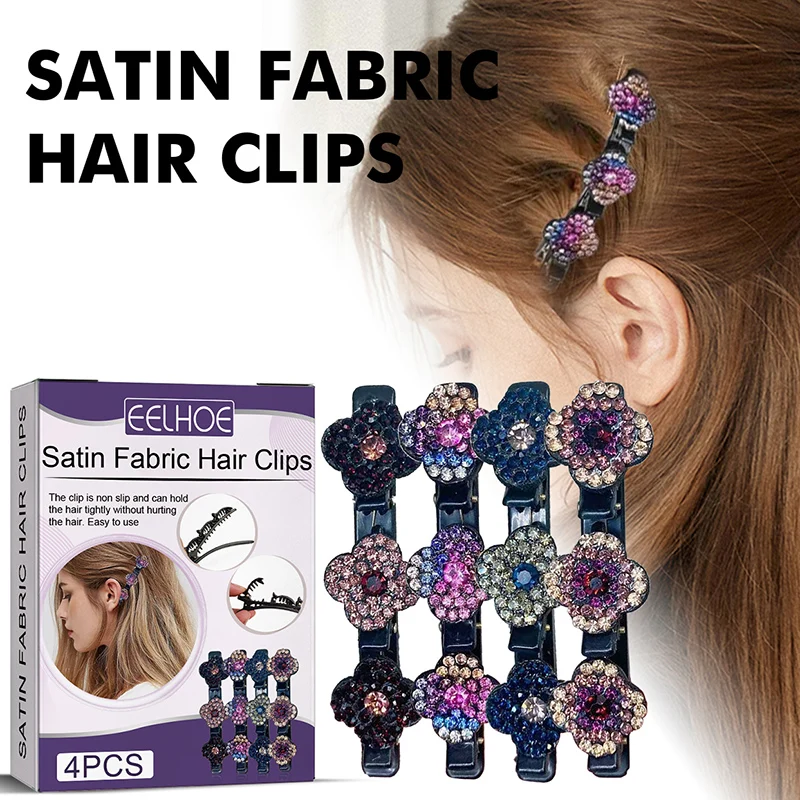 

4PCS Double Layer Woven Hair Clip Girl's Hair Clip Broken Hair Artifact Woman Side Headwear Bang Clip Rhinestone Hair Clip
