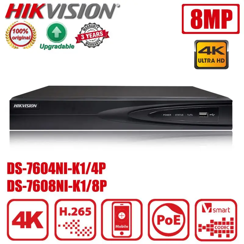 

Оригинальный Hikvision DS-7604NI-K1/4P DS-7608NI-K1/8P 4/8CH 1U 4/8PoE 4K NVR H.265 + сетевой видеорегистратор Plug and Play