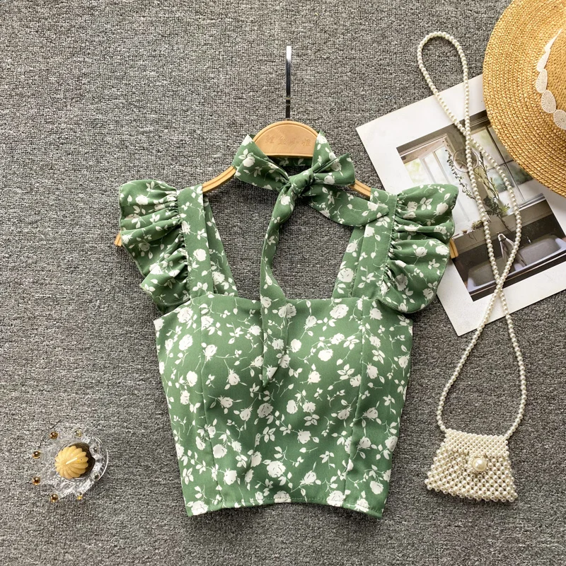 

Hikigawa Chic Fashion Women Tops Summer With Tied Bow Sweet Cropped Tank Top Women Ruffled Camisole Versatile Casual Top Mujer