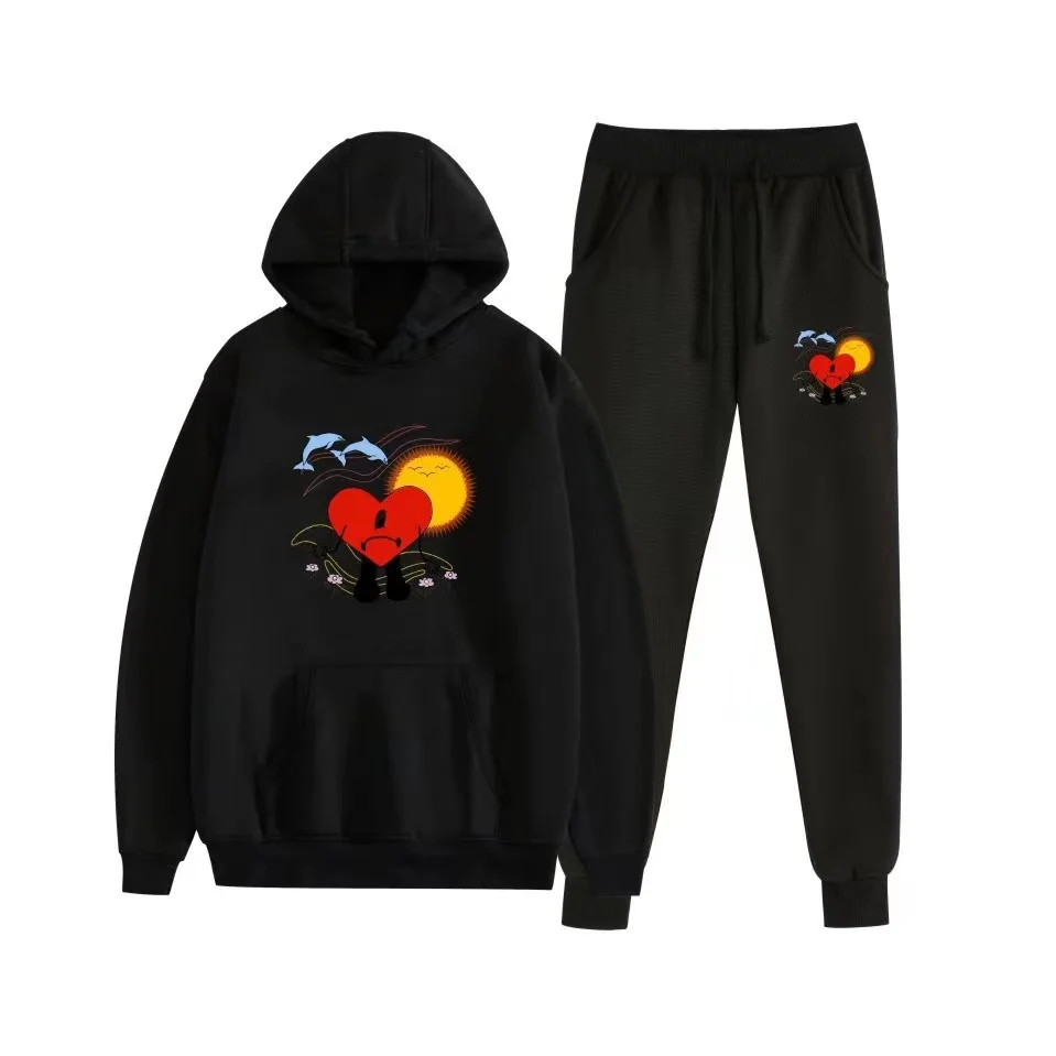Bad Bunny Hoodie Set 2 Pieces Pants Suit Red Heart Print Sweatshirt Tracksuit Sportswear Hooded Pullover Suits UN VERANO SIN TI