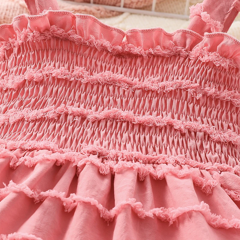 

Baby Girl Romper Kawaii Sleeveless Dress Solid Summer Raw Hem Ruched Jumpsuit for Newborn Toddler Cute