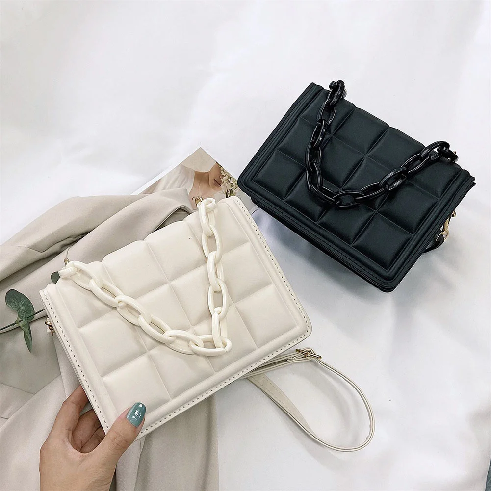 

Women Vintage Checker Shoulder Messenger Bags Casual Thick Chain Top Handle Handbags Female Solid Color Small Flap Crossbody Bag