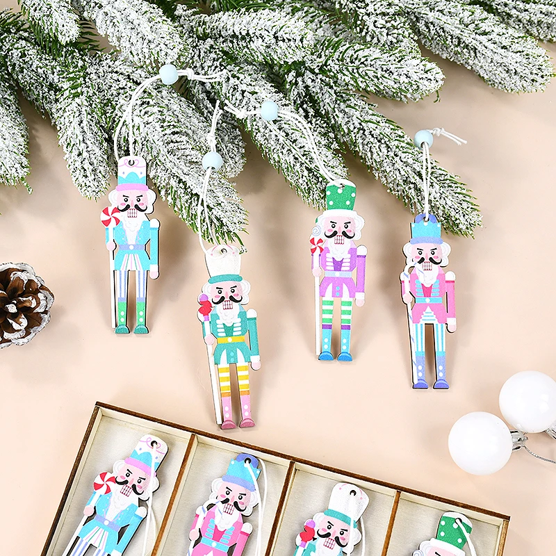 8/12Pcs Cute Nutcracker Puppet Zakka Christmas Wooden Ornaments Walnut Soldier Pendant DIY Color Printed Xmas Tree Accessories