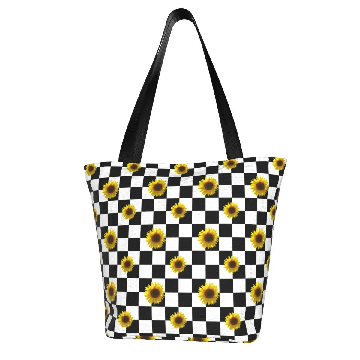 

Sunflower Print Shopping Bag Black and White Checkered Travel Cloth Handbags Woman Fashion Reusable Bags