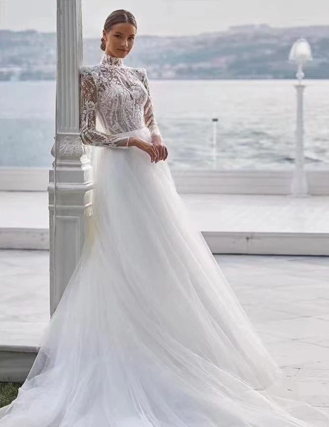 

Pretty Long Sleeves Wedding Dress Floral Lace Appliques High Neck 2024 Spring Boho Tulle Wedding Gown Bride Elegant Vestido