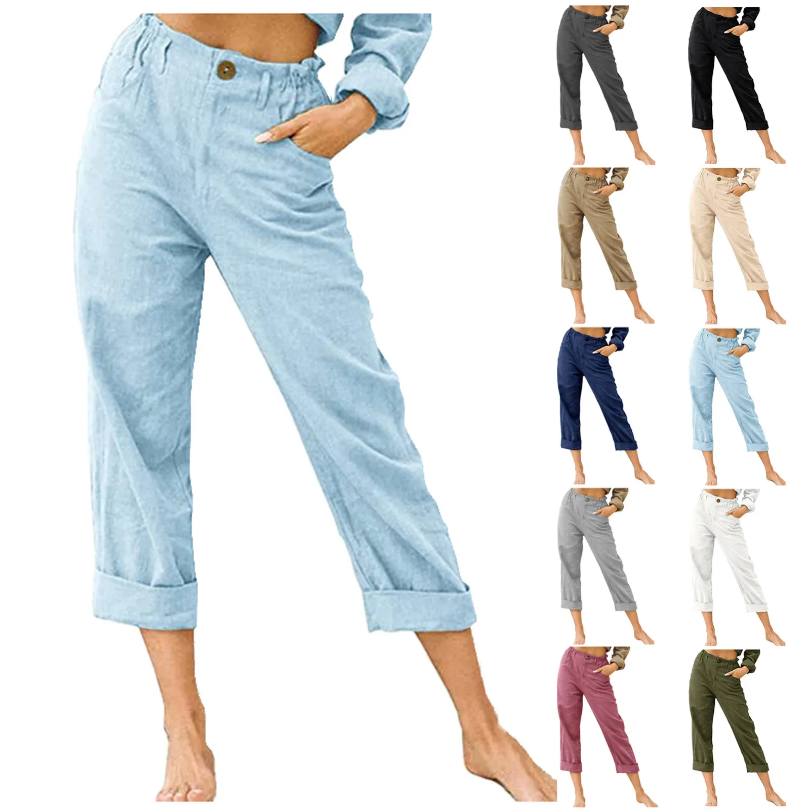 2023 Ladies Cotton Linen Pants Drawstring Back Elastic Waist Pants Casual Trousers Daily Fashion Women Comfy Pants Pantalones