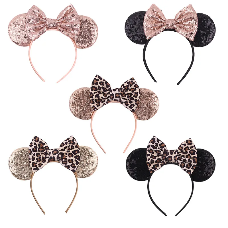 Diadema de Mickey Mouse de Disney para niña y mujer, accesorios para el cabello para fiesta, diademas con estampado de leopardo para niña, diademas con lazo de lentejuelas, regalo