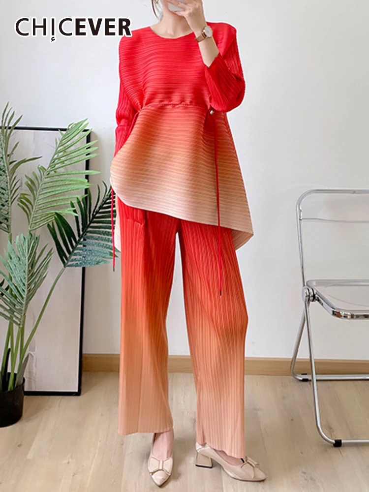 

CHICEVER градиентный Женский комплект из двух предметов с круглым вырезом и длинным рукавом, топ с завязками и высокой талией, прямые брюки, свободные комплекты для женщин