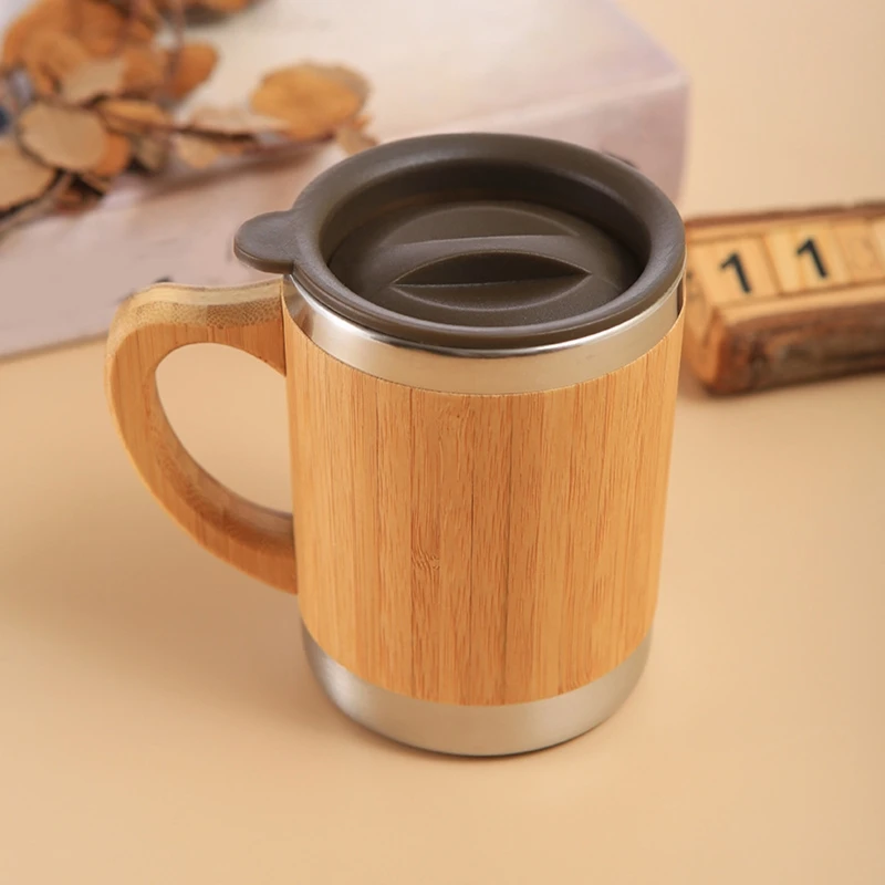 

Insulated Bamboo Travel Mug for w/ Handle Leak-Proof Flip Lid Coffee Cup for Pre