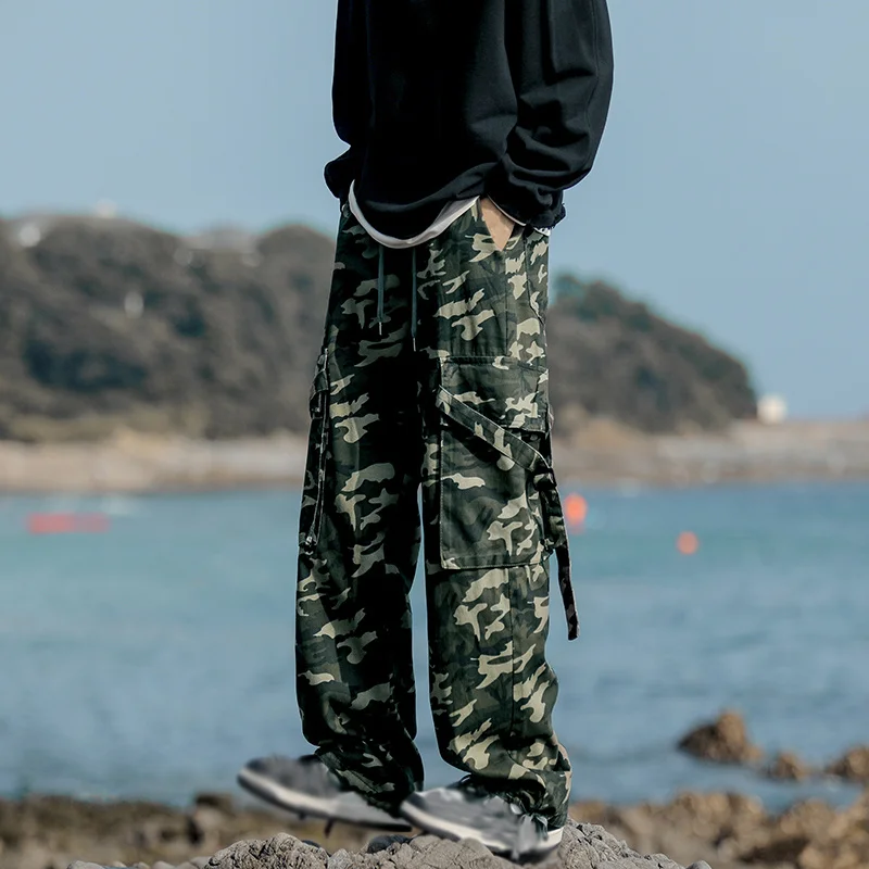 

Хлопковый комбинезон в стиле ретро с большими карманами для мужчин и женщин, камуфляжные свободные прямые брюки-карго с высокой талией и др...