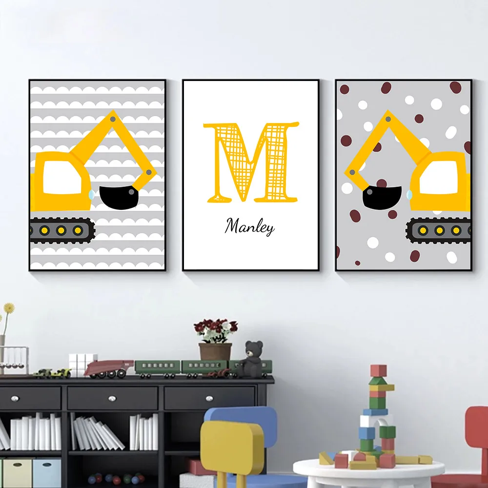 

Personalized Boy Custom Name Canvas Poster Cartoon Excavator Art Print Nursery Paintings Nordic Wall Pictures Kids Room Decor