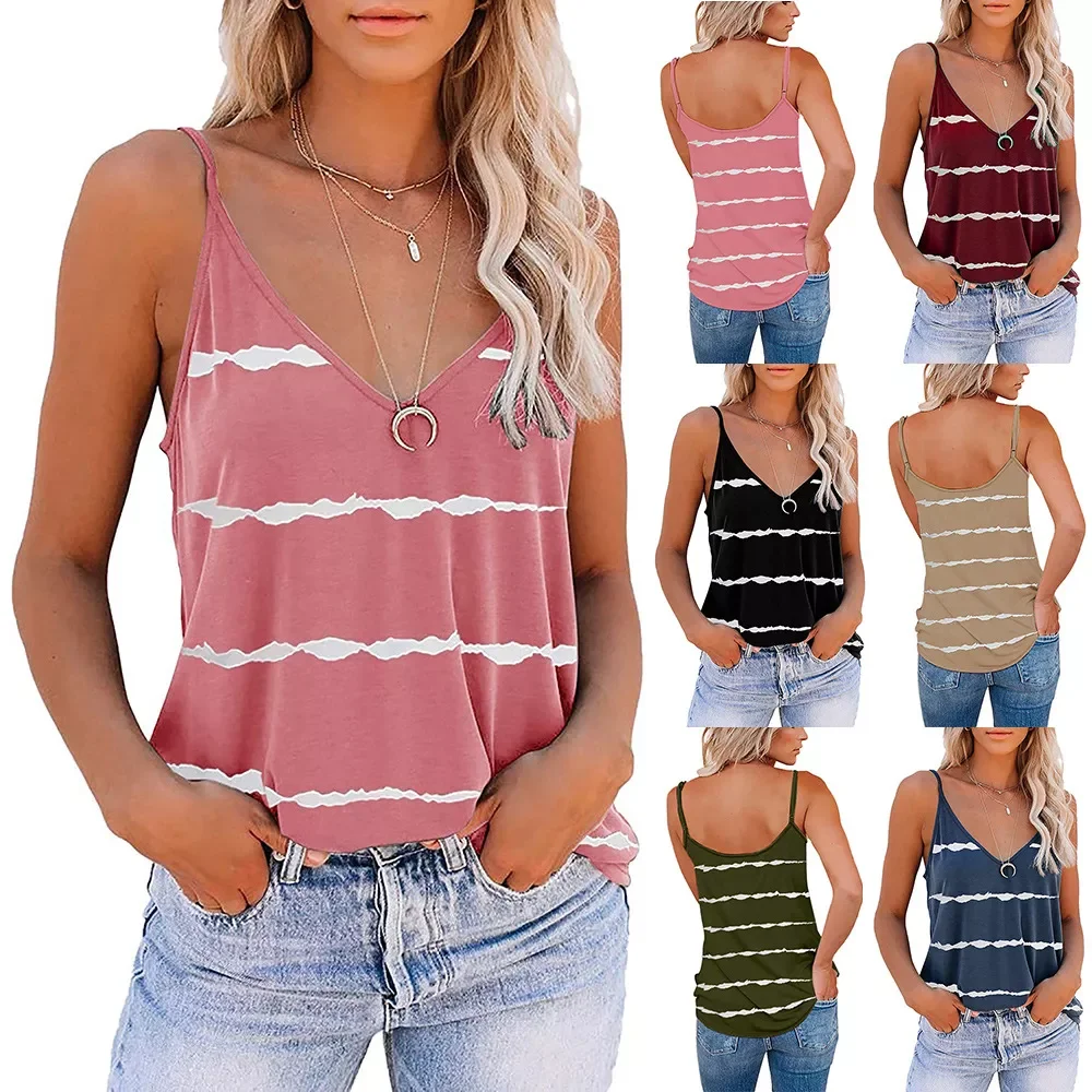 

2022NEW Summer Clothes Vest Top Sleeveless Casual Loose Striped Tank Tops V-Neck Regular Size Pullover Ladies Camis Hot Sales