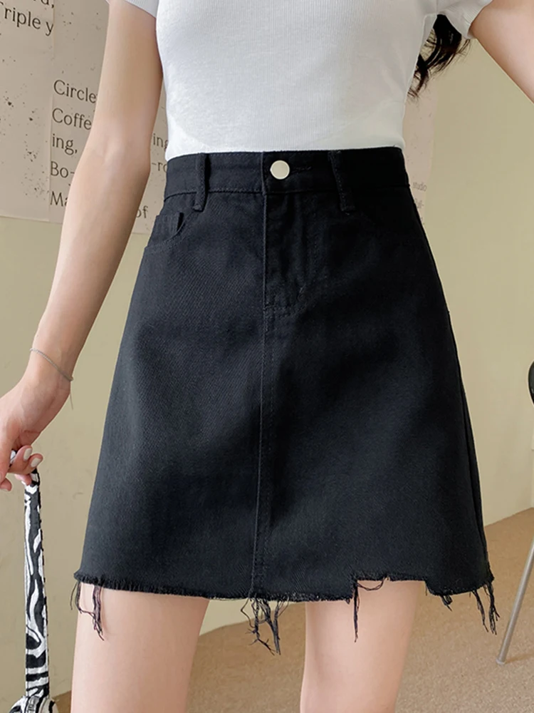

Ailegogo New Spring Summer Women High Waist Hole Raw Hem Mini Denim Skirt Streetwear Female Button A-line Jeans Skirts Bottoms
